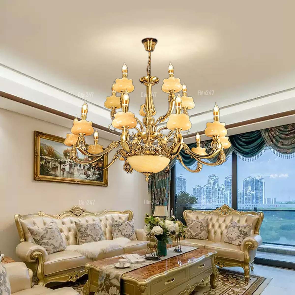 Đèn chùm đồng bát đá hoa 15 tay nến CD1205/10+5