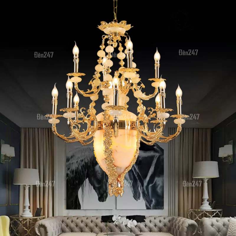 Đèn chùm đồng Châu Âu 12 tay đá ngọc CD1252/12