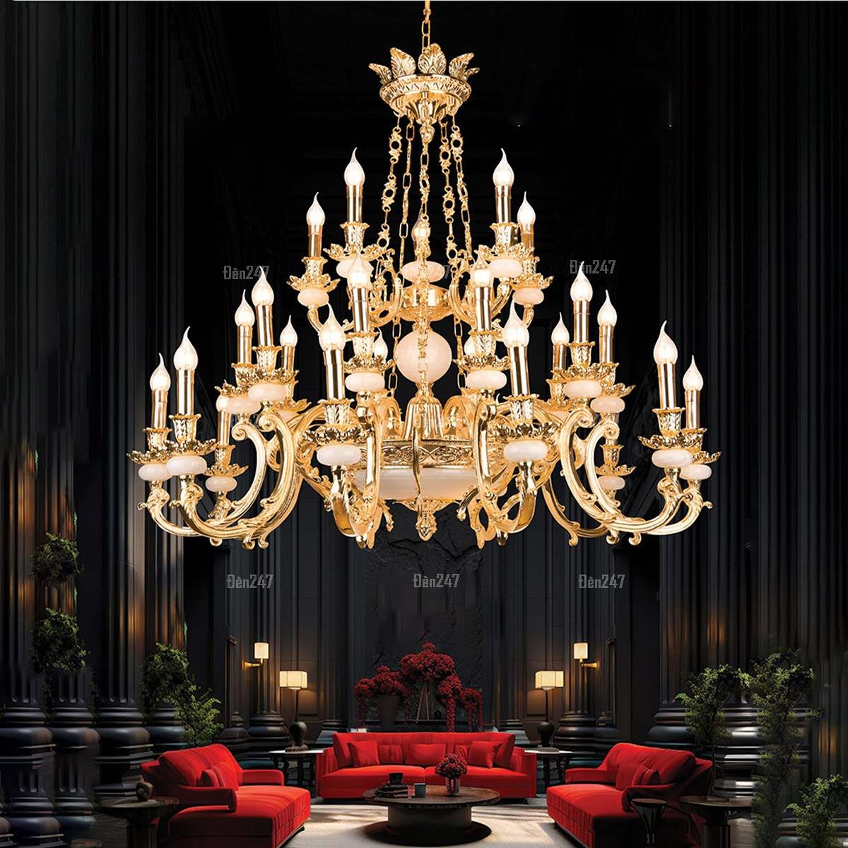 Đèn chùm đồng vàng chao đá ngọc thiên nhiên CD1273/25