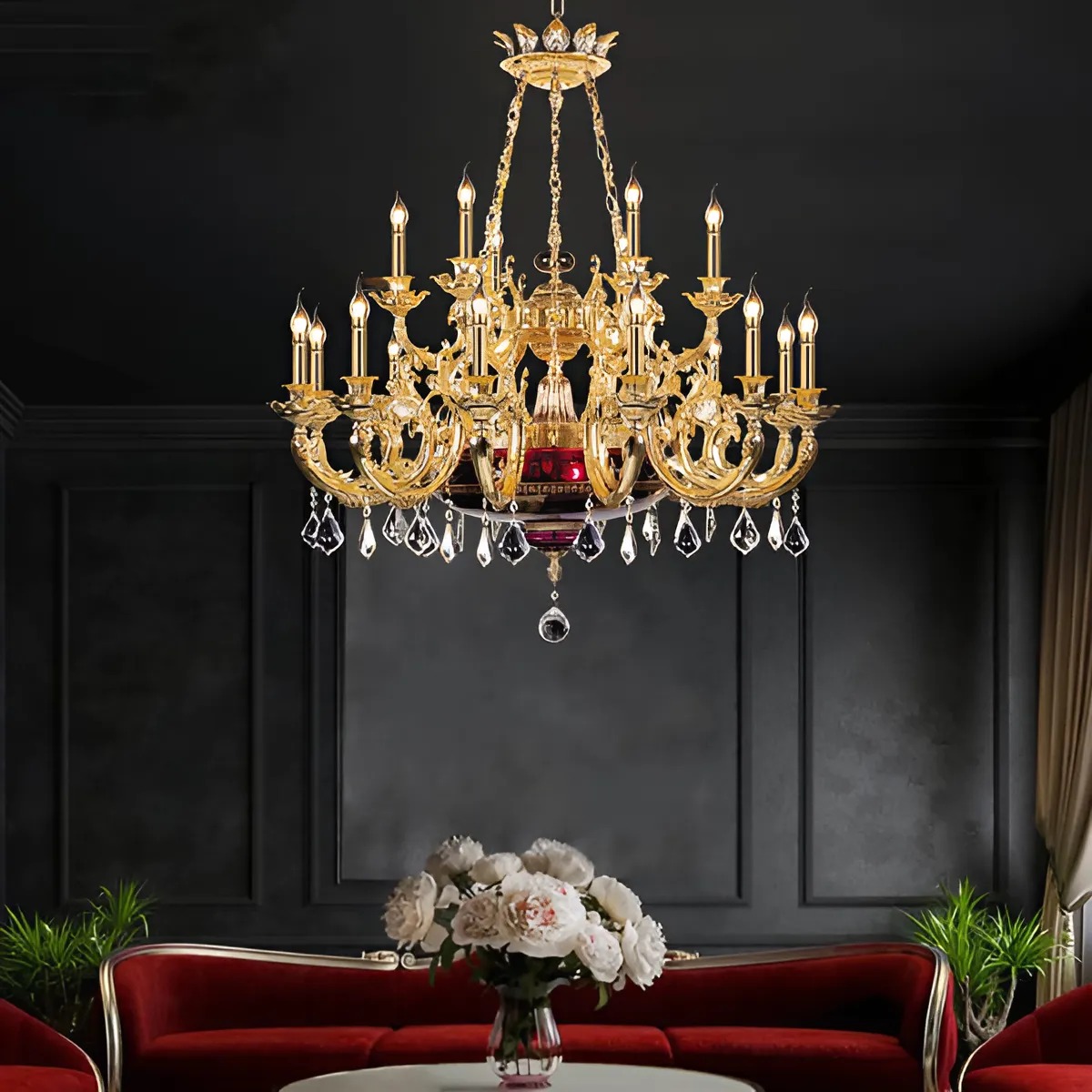 Đèn chùm đồng 18 tay chao đáy màu đỏ CD1277/12+6