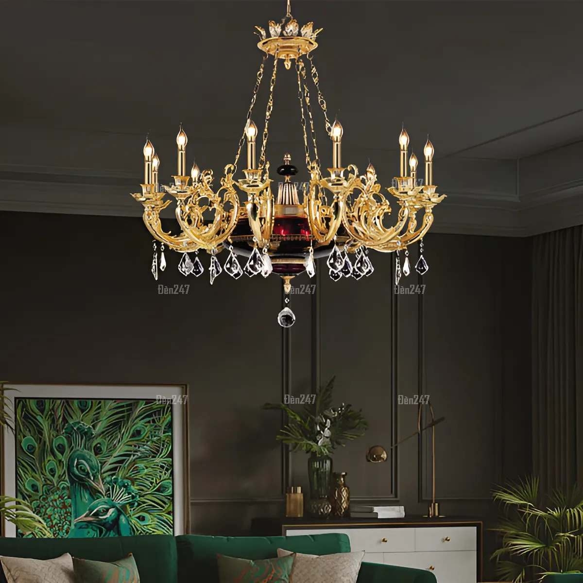 Đèn chùm đồng 10 tay chao đáy đỏ CD1277/10