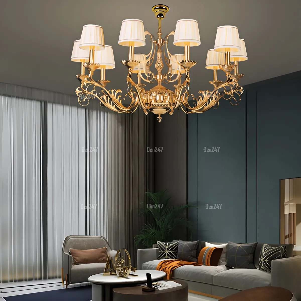Đèn chùm đồng chóa vải 10 tay uốn nghệ thuật CD1282/10