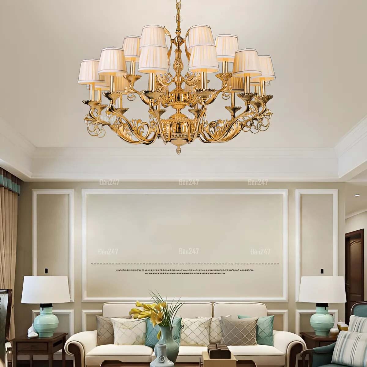 Đèn chùm đồng chóa vải 18 tay CD1282/12+6