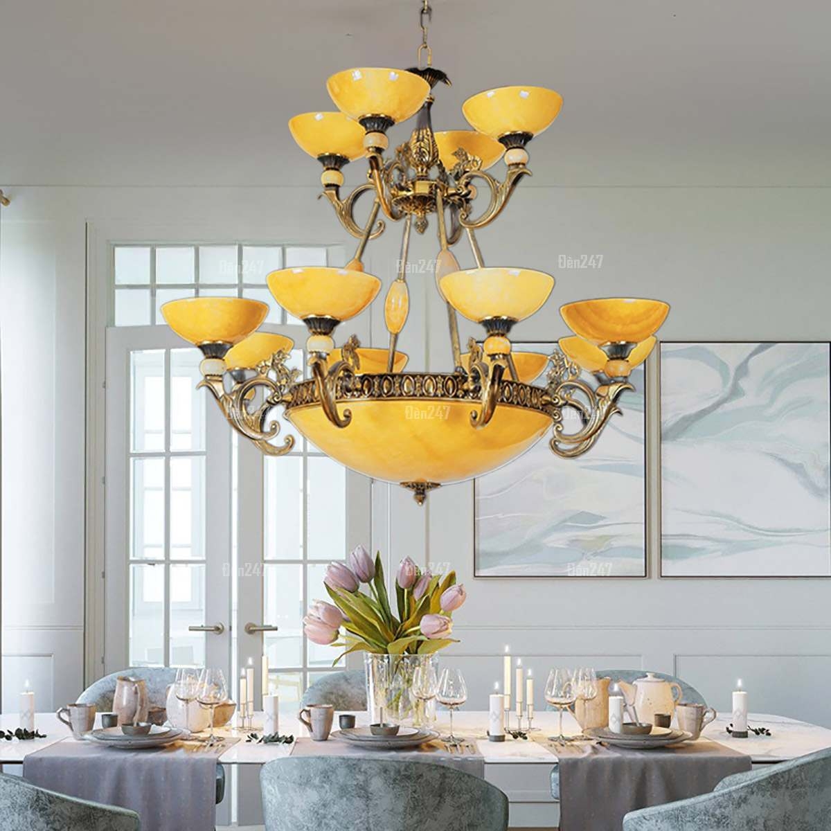 Đèn chùm bát đá 12 tay đồng CD1132/8+4