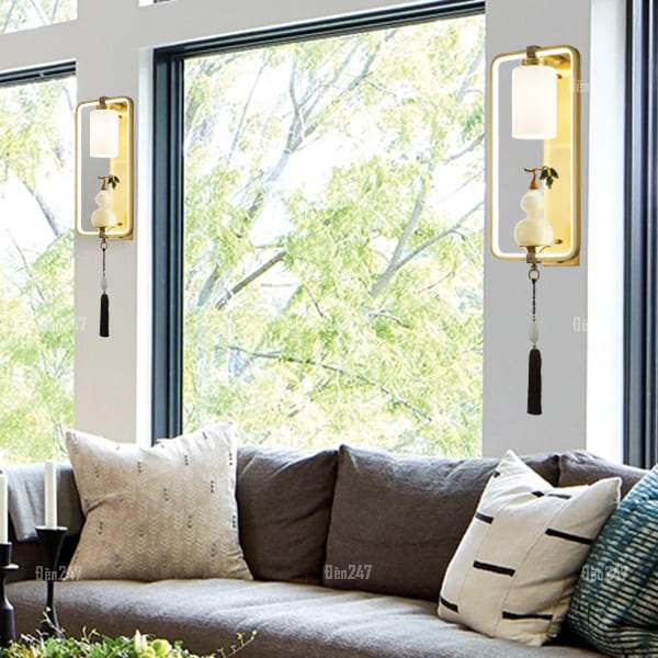 Đèn tường đồng chữ nhật bình hồ lô đá ngọc VD6306