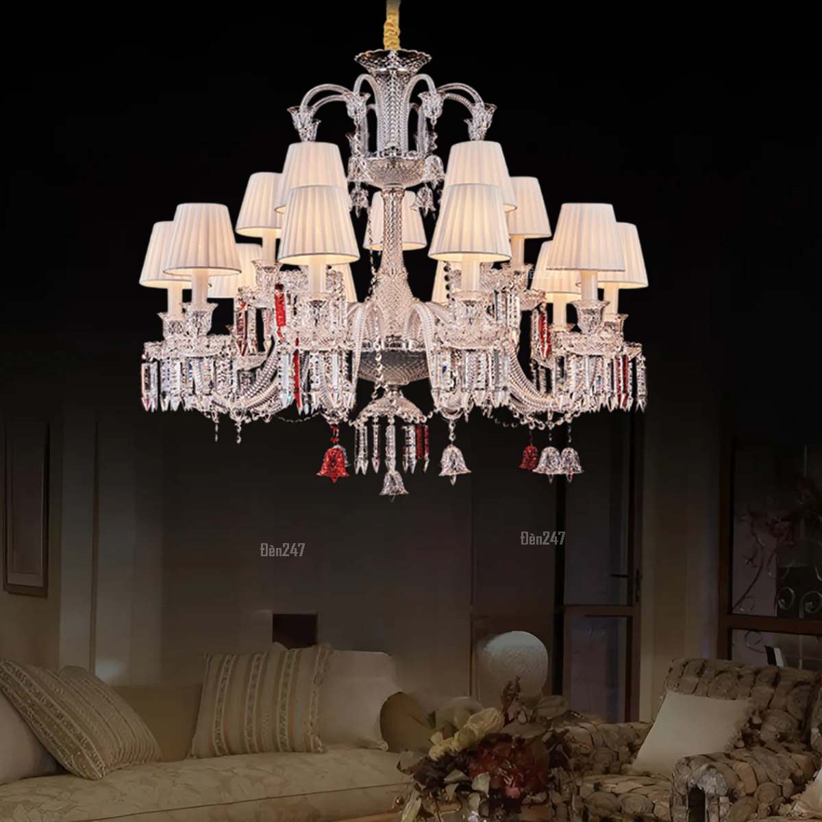 Đèn pha lê 15 tay chóa vải và pha lê đỏ CN8145/15