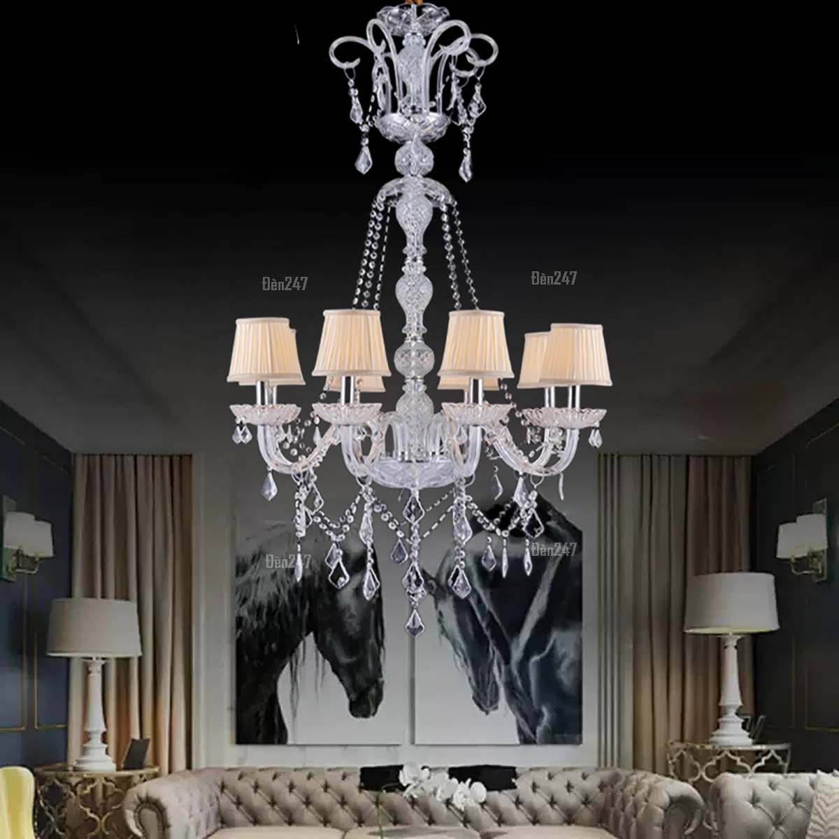 Đèn chùm pha lê 8 tay chao vải xếp ly CN8130/8