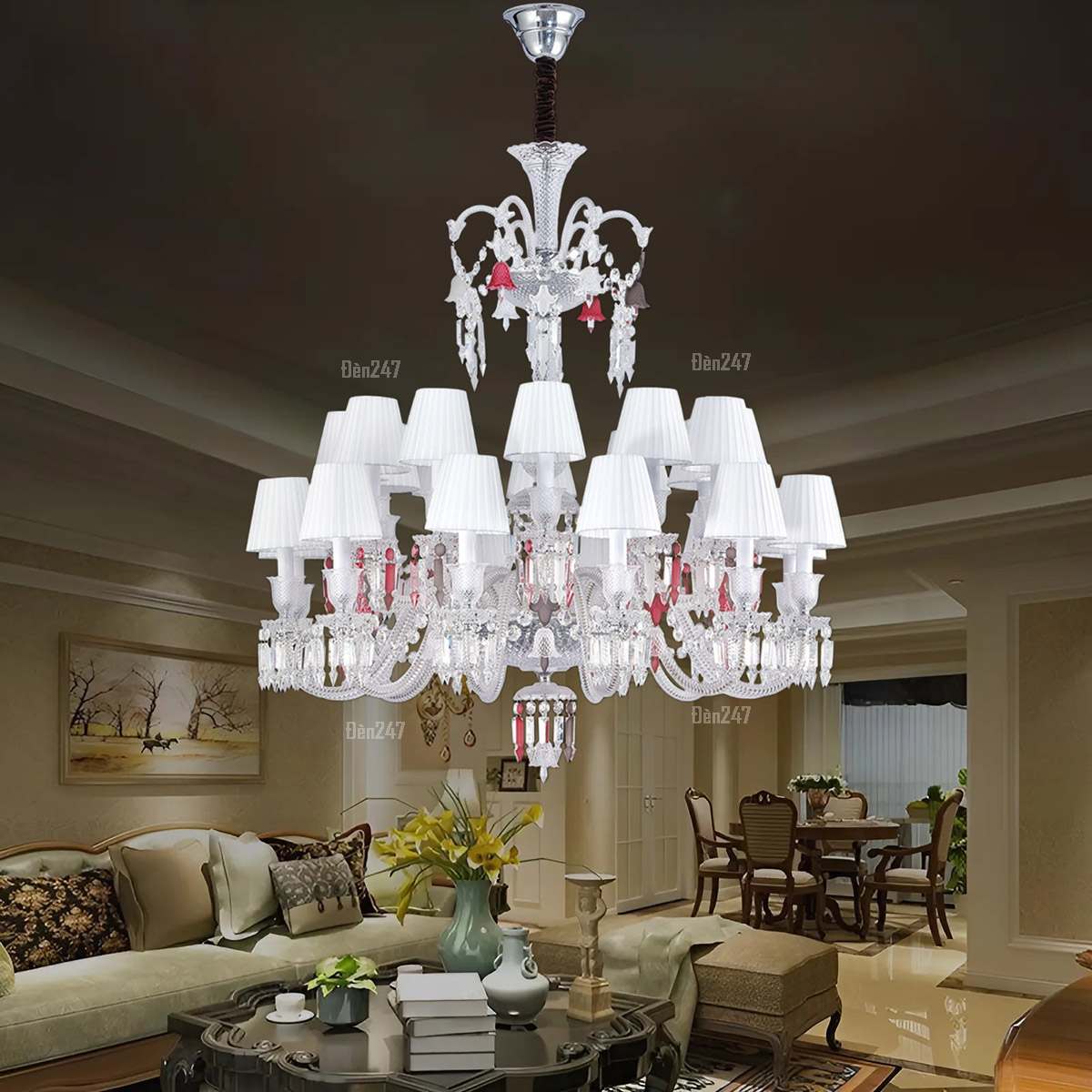 Đèn chùm chóa vải pha lê trắng đỏ 24 tay CN8138/16+8