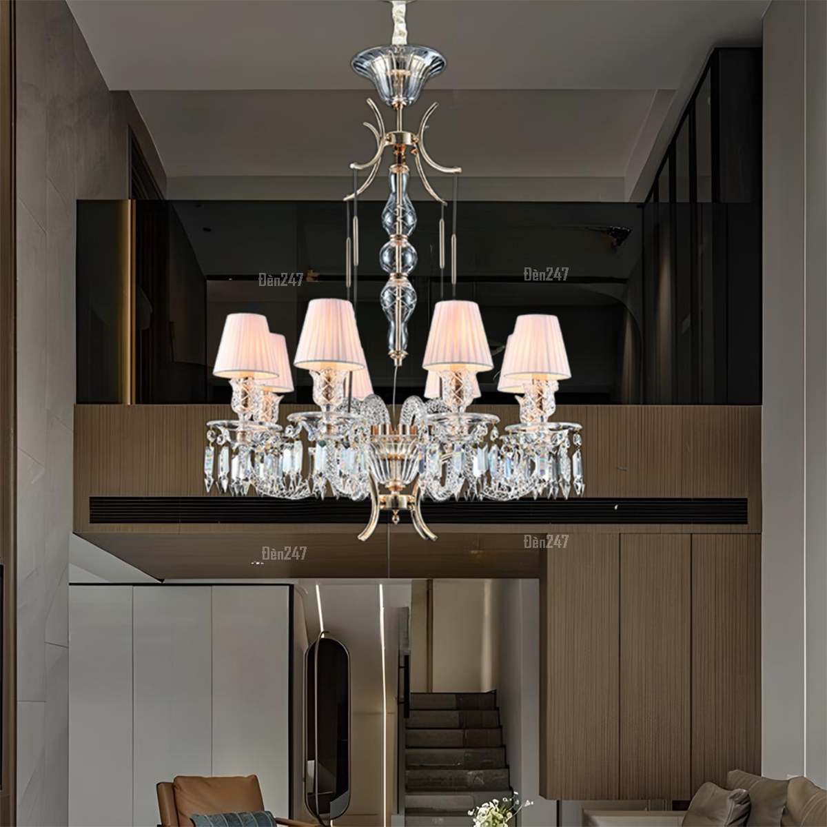 Đèn chùm pha lê 8 tay phòng khách chao vải xếp ly CN8145/8