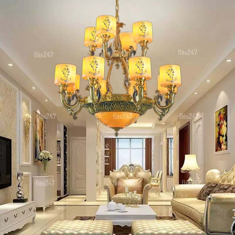 Đèn chùm đồng bát đá vàng 12 tay CD1246/12