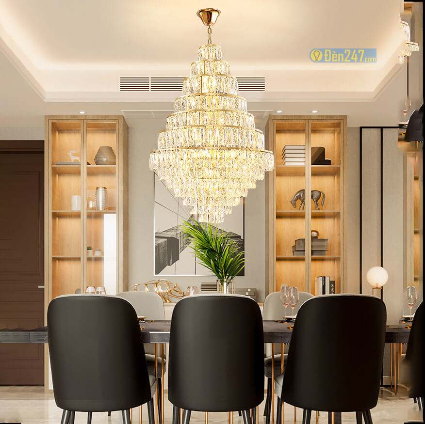 Đèn chùm pha lê 7 tầng viền vàng sảnh CFL3515