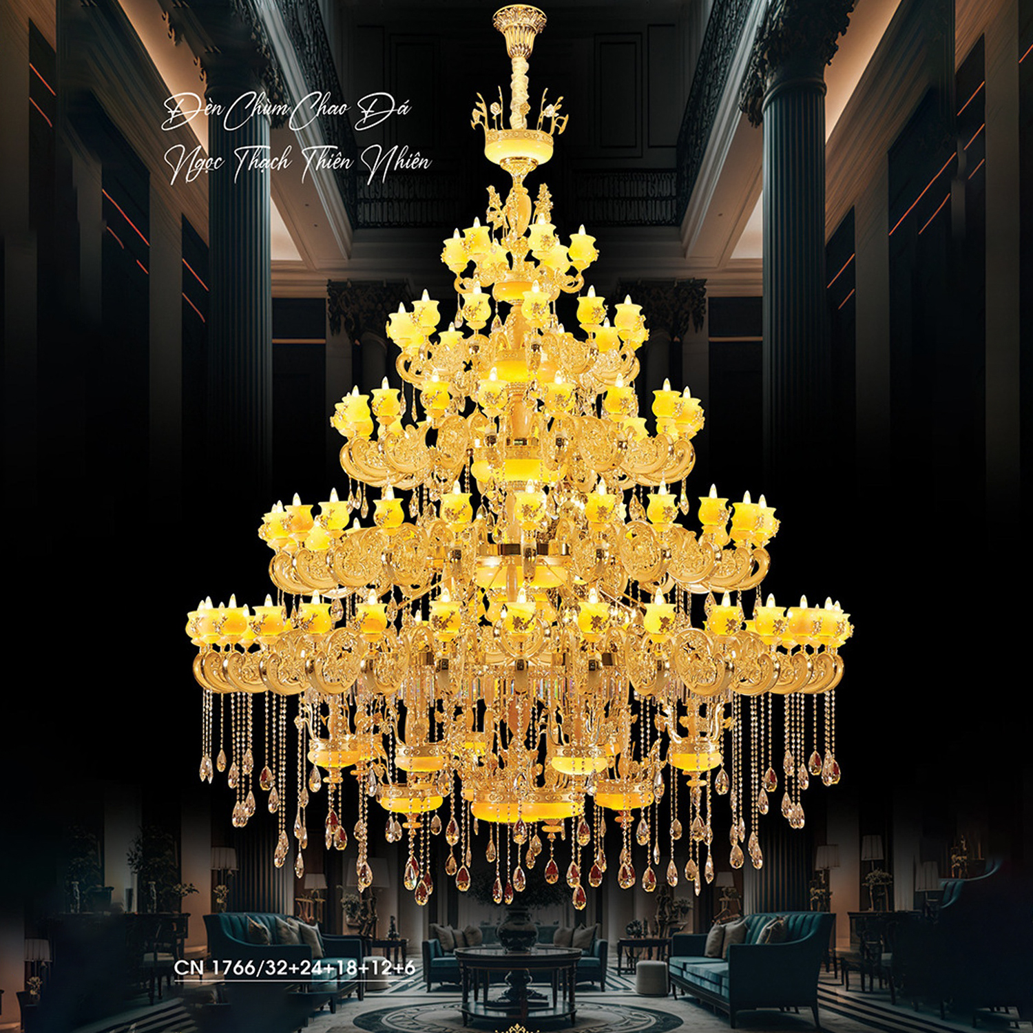 Đèn chùm thông tầng chao đá tự nhiên CN1766/32+24+28+12+6