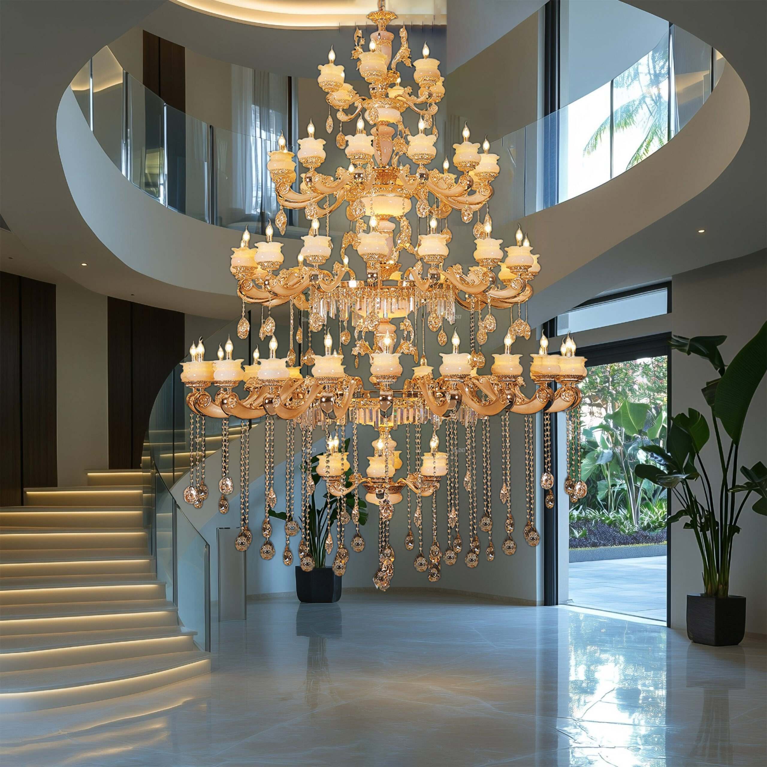 Đèn chùm thông tầng chao đá tự nhiên 62 tay CN1769/6+22+16+12+6