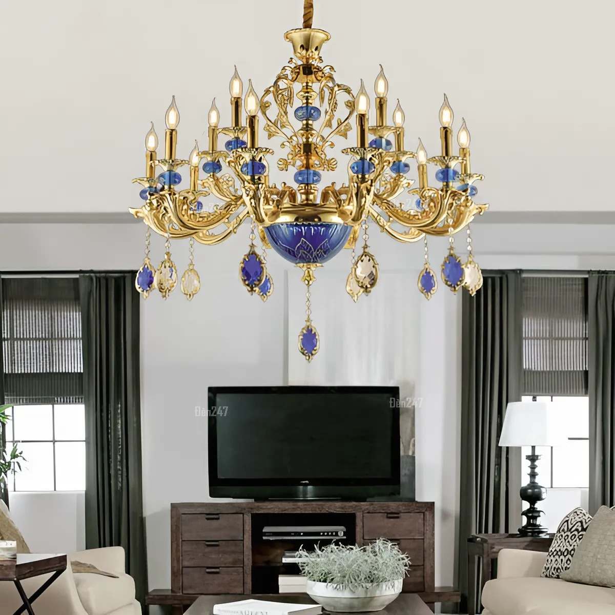 Đèn chùm nến 15 tay pha lê xanh CN2218/10+5