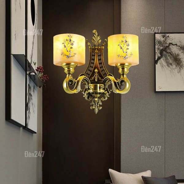 Đèn đồng chao đá chạm hoa văn 2 tay VD1246/2